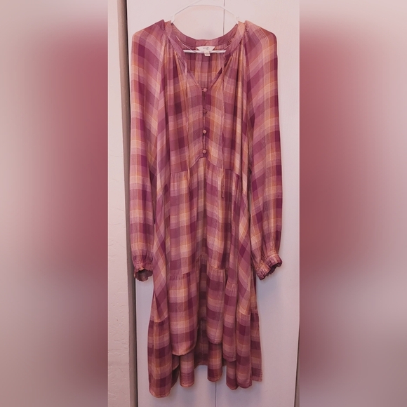 Terra & Sky Tiered Peasant Dress Size 2X Plum Plaid Pockets Business Casual Boho - Picture 1 of 13